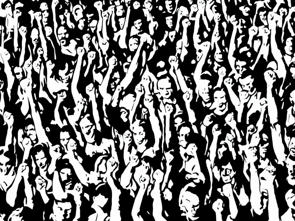 Prompt: black and white, high contrast, pop art of a group of workers raising their fists