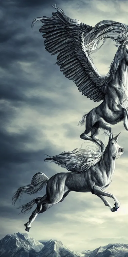 Image similar to a pegasus standing on top of a mountain, wings spreading, flowing mane, d&d, hyper realistic, fantasy, illustration
