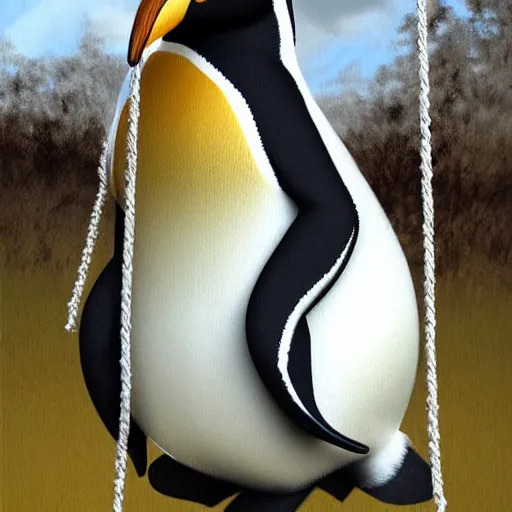 Image similar to realistic penguin sitting on a huge swing, hyper detailed, trending on artstation