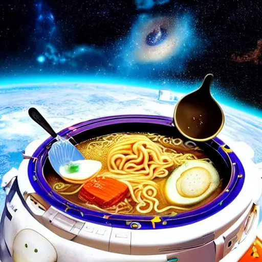 Image similar to Delicious looking bowl of ramen floating in space, space telescope, stars, galaxies