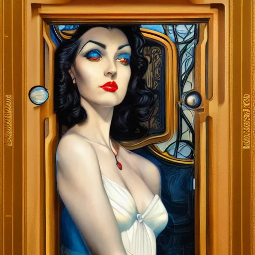 Image similar to a streamline moderne, art nouveau, multi - ethnic and multi - racial portrait in the style of charlie bowater, and in the style of donato giancola, and in the style of charles dulac. intelligent, expressive, large eyes. symmetry, ultrasharp focus, dramatic lighting, semirealism, intricate symmetrical fine complex background detail.
