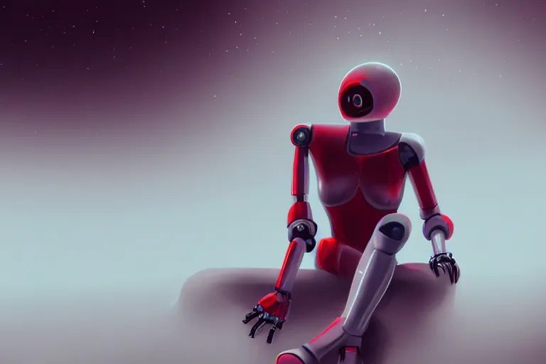 Prompt: a cute robot girl sitting on a bug relaxing, misty, digital art, hazy, foggy, red lighting, ambient lighting, 8 k,