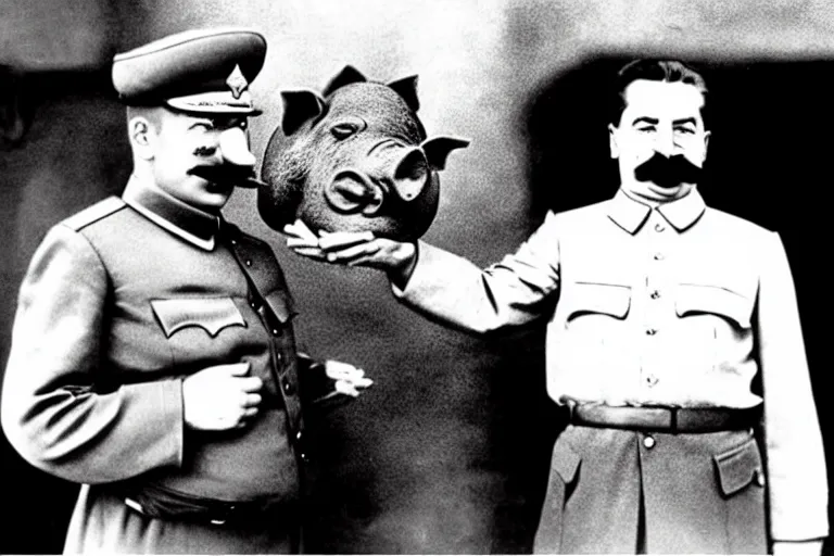 Prompt: stalin with pig's nose on face historical photo in color