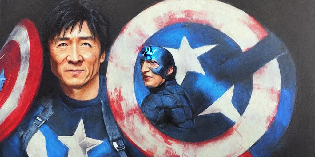 Image similar to jackie chan holds captain america's shield ， oil painting