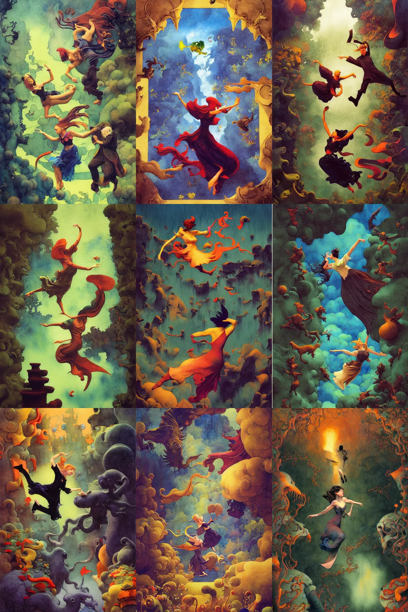 Prompt: dixit card, zoo, focal point, character dancing, waltz, dark fantasy, intricate, maze, amazing composition, colorful watercolor, by ruan jia, by maxfield parrish, by shaun tan, by nc wyeth, by michael whelan, by escher, illustration, gravity rush, volumetric