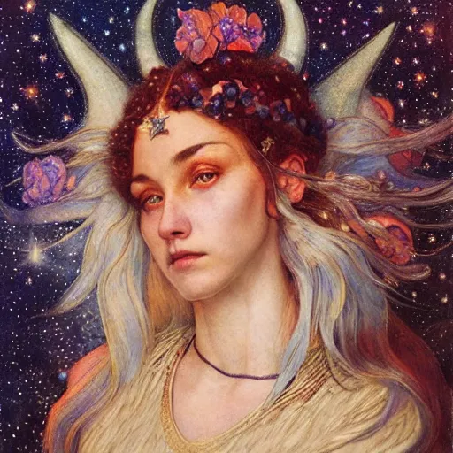 Prompt: queen of the moon with stars in her hair, by annie swynnerton and tino rodriguez and nicholas roerich and jean delville and donato giancola and tom bagshaw, dramatic lighting, floral tattoos, rich colors, smooth sharp focus, extremely detailed, adolf wolfli