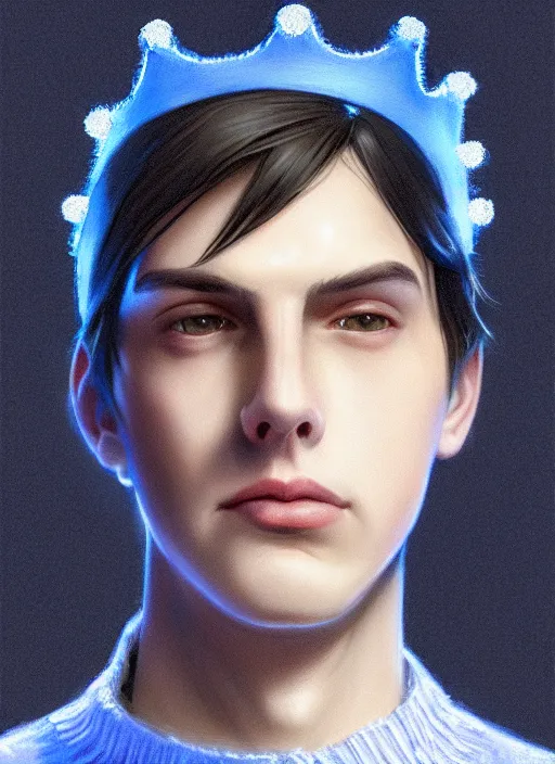 Image similar to portrait of teenage jughead jones wearing a light grey crown, crown, blue turtleneck, closed eyes, photorealistic, black hair, glowing lighting, intricate, elegant, glowing lights, highly detailed, digital painting, artstation, concept art, smooth, sharp focus, illustration, art by wlop, mars ravelo and greg rutkowski