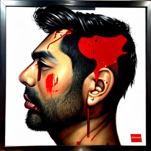 Image similar to side profile of a brown asian man :: side profile :: oxygen mask :: blood and ocean intricate details :: 8k :: by vikings and Sandra Chevrier