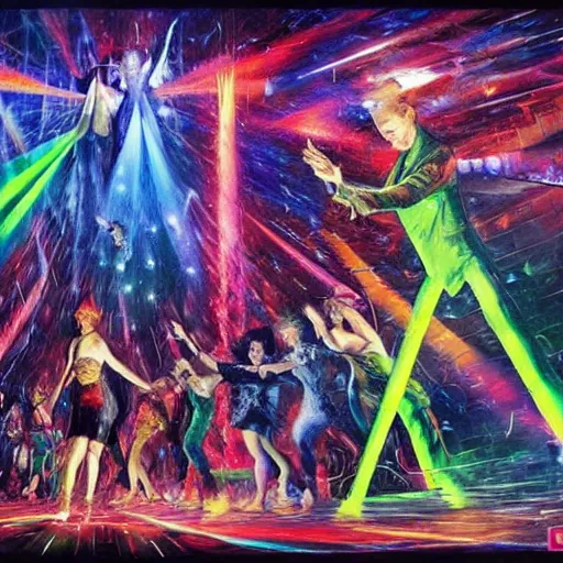 Image similar to rave dance party with lasers by arthur adams, charlie bowater, leonid afremov, chiho ashima, karol bak, david bates, tom chambers