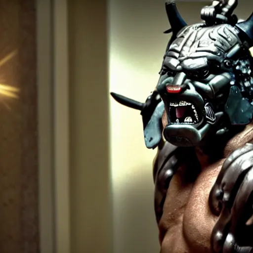 Image similar to big, fierce, muscular, very buff, very strong, cybernetic cyber sci-fi samurai wearing an oni mask. Movie still hd