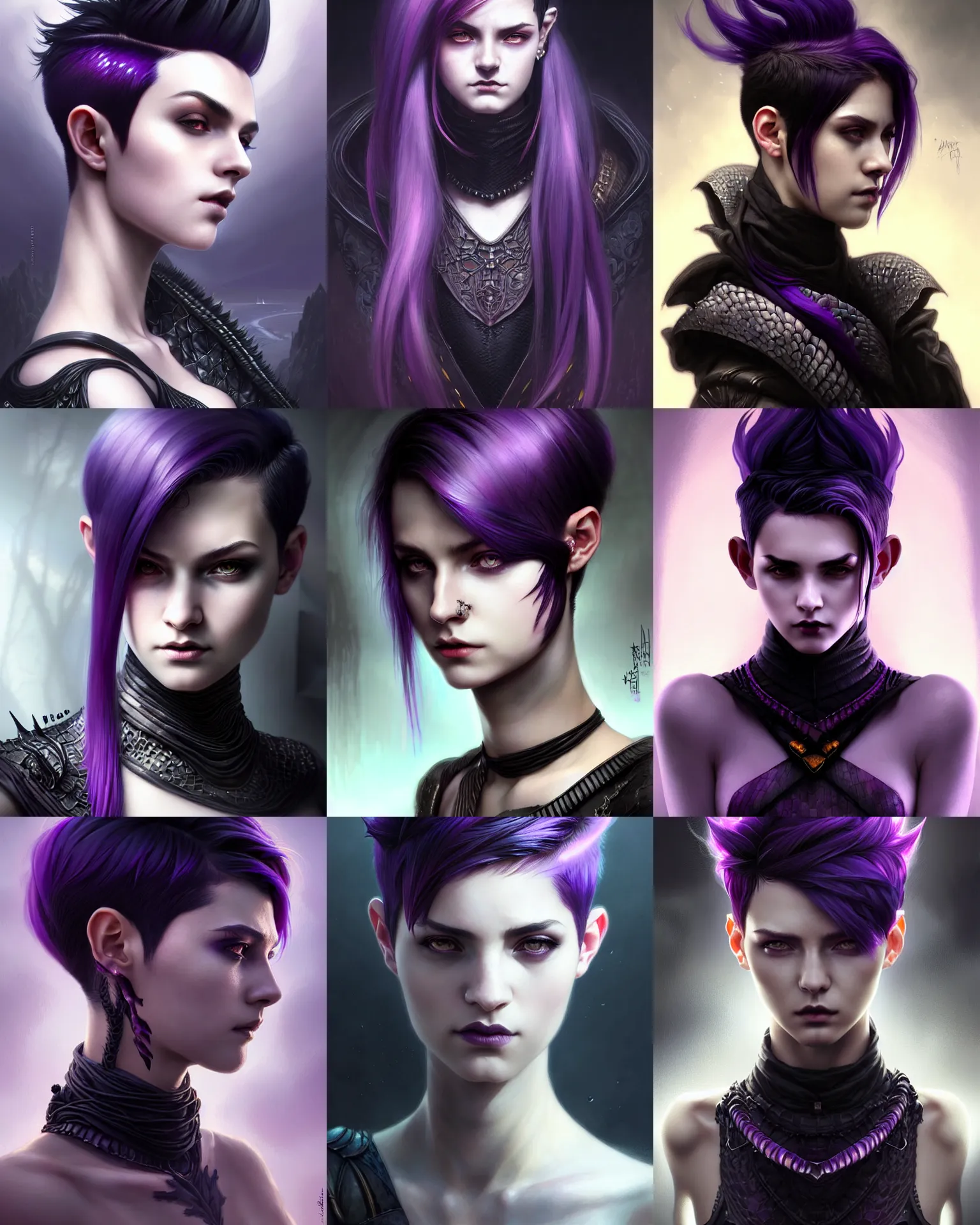Prompt: portrait rugged girl, dark supervillain, dragon scales, pixie undercut hairstyle, black to purple fade hairstyle, fantasy magic, dark light night, intricate, elegant, sharp focus, illustration, highly detailed, digital painting, concept art, matte, art by WLOP and Artgerm and Greg Rutkowski and Alphonse Mucha, masterpiece, Refined, upscaled