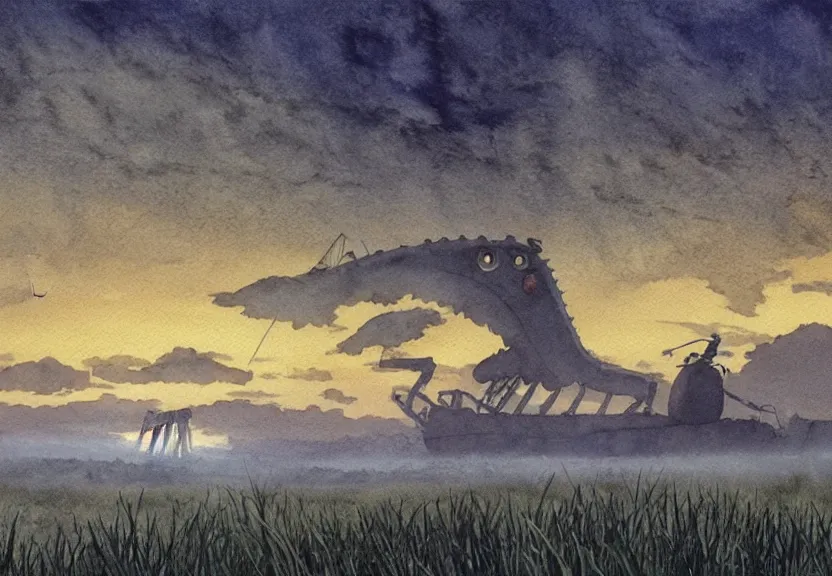 Image similar to a hyperrealist watercolor concept art from a studio ghibli film showing a giant grey mechanized crocodile from howl's moving castle ( 2 0 0 4 ). stonehenge is under construction in the background, in the rainforest on a misty and starry night. a ufo is in the sky. by studio ghibli