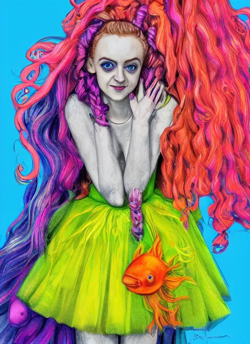 Prompt: surrealism psychedelic full body portrait sketch of evanna lynch as sadie sink as delirium of the endless in fishnet top and rainbow tutu skirt from the sandman, floating goldfish, green and blue eye heterochromia by alex ross, josh kirby, detailed, elegant, intricate