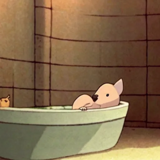 Image similar to the scene of a capybara chilling in a bathtub in the movie spirited away by studio ghibli