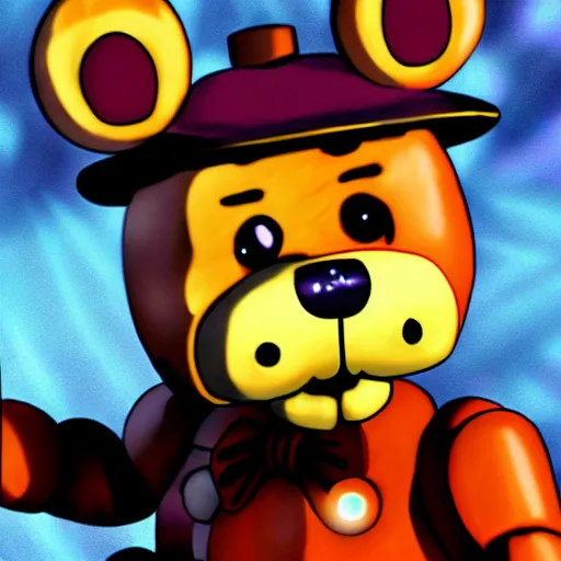 Image similar to freddy fazbear from fnaf in tokyo ghoul anime, 4 k, hyper realistic, anime style, illustration