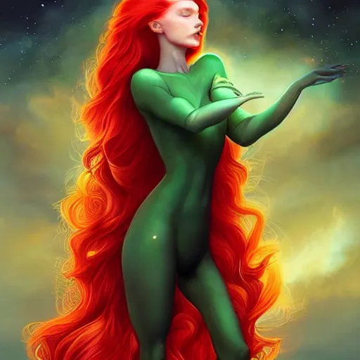 Prompt: Redhead Pleiadian alien human beautiful hybrid feminine woman, long gorgeous red hair in loose curls, with stunning green eyes, cute round face and a roundish nose, as a retrofuturistic heroine, face and body, gorgeous digital painting, artstation, concept art, smooth, sharp focus, illustration, art by artgerm and donato giancola and Joseph Christian Leyendecker, Ross Tran, WLOP