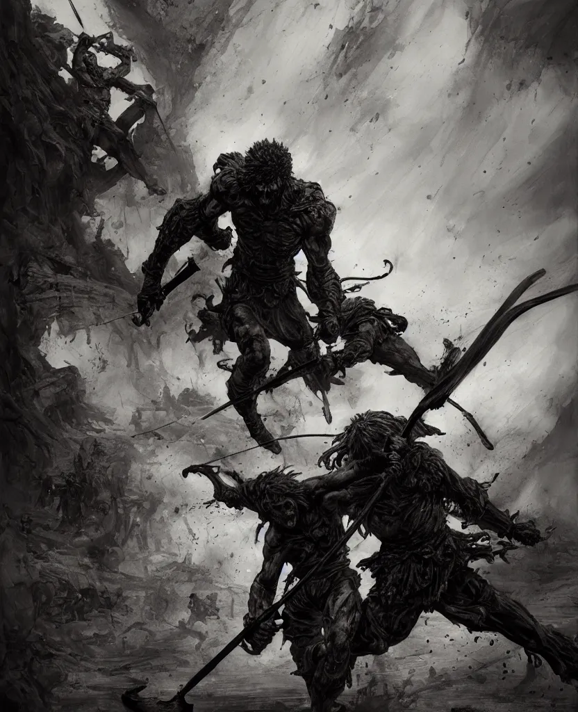 Image similar to David slaying Goliath painting, dark colors, sinister atmosphere, dramatic lighting, cinematic, establishing shot, extremely high detail, photo realistic, cinematic lighting, pen and ink, intricate line drawings, by Yoshitaka Amano, Ruan Jia, Kentaro Miura, Artgerm, post processed, concept art, artstation, matte painting, style by eddie mendoza, raphael lacoste, alex ross,