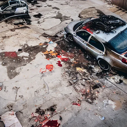 Image similar to aerial photography, a number of car, dust, humus, wet street, graffiti on wall, trash scattered everywhere, abandoned car garage, 8 k, uhd, after rain, cinematic lighting, incrinate