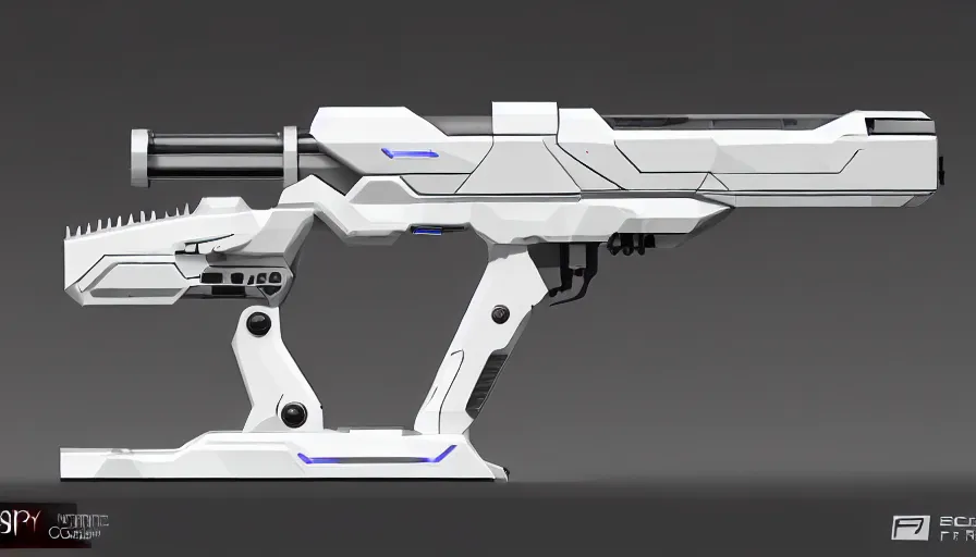 Prompt: extremely detailed realistic side view of a sci fi laser machine gun, detailed trigger, chemically propelled, pattery powered, smooth streamline, battery and wires, railgun, tribarrel, gauss, elegant sleek smooth body, white paint, smooth utopian design, ultra high quality, minimalist, octane, cod, destiny, warframe, terminator