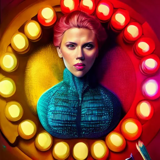 Prompt: Movie still of Scarlett Johansson as Ms Pac-Man, studio lighting, model, HDR, 24MP, fantasy, high detail, elegant, digital painting, natural light, vibrant, intricate, textured skin, highly detailed, artstation, sharp, focus, illustration, Anna Dittmann, Ilya Kuvshinov, Nikolay Makovsky