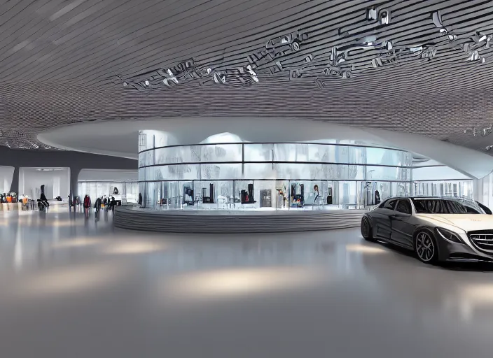 Prompt: mercedes exhibition center interior designed by gensler, fosters, photorealistic octane render 8 k, 2 8 mm