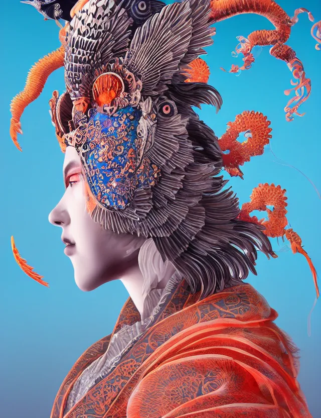 Image similar to 3 d goddess in robe close - up profile portrait with ram skull. beautiful intricately detailed japanese crow kitsune mask and clasical japanese kimono. betta fish, jellyfish phoenix, bio luminescent, plasma, ice, water, wind, creature, artwork by tooth wu and wlop and beeple and greg rutkowski