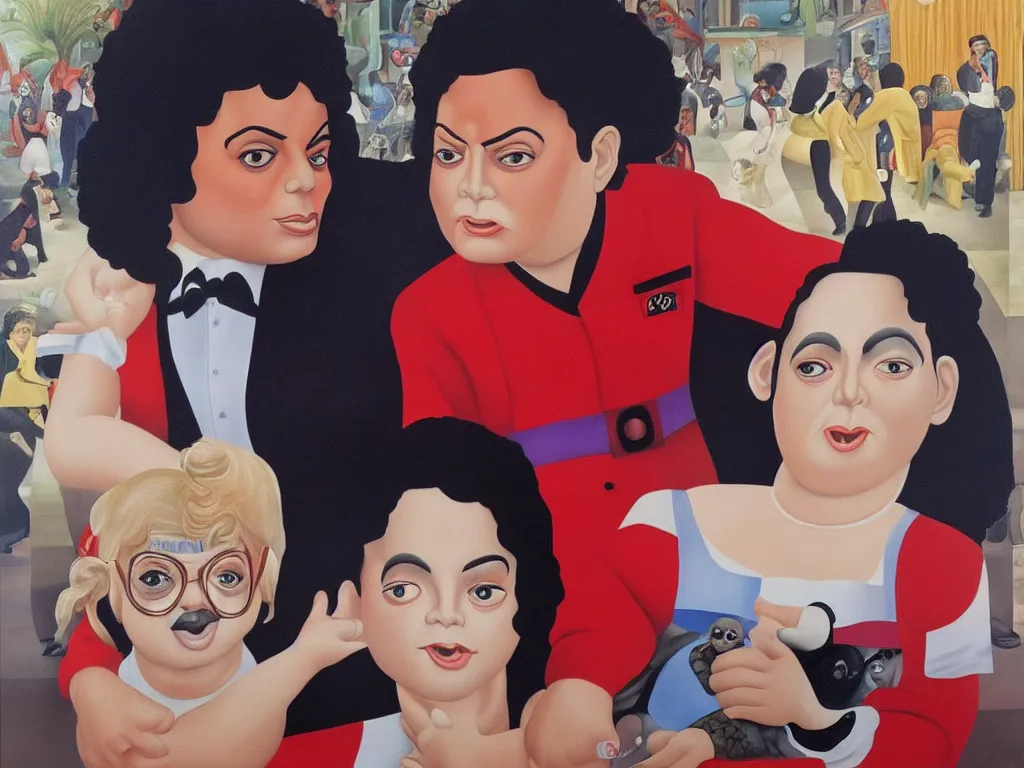 Prompt: Michael Jackson and Bubbles painted by Botero