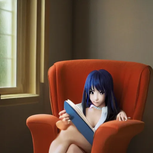 Image similar to Anime Girl reading a book on a sofa