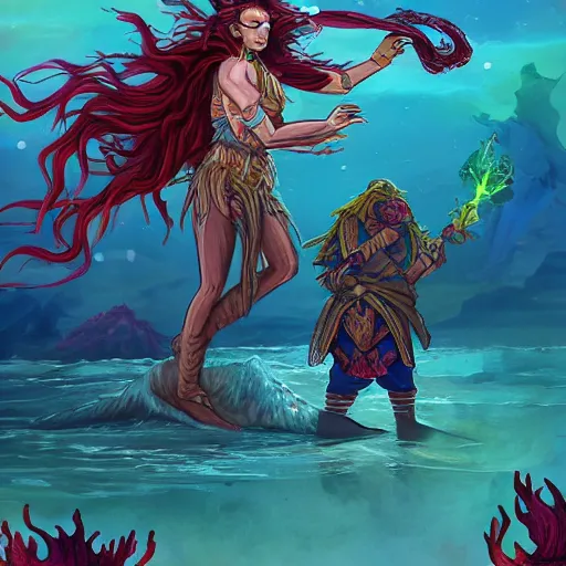 Image similar to sea witch battling a sea god, d & d style, trending on artstation, colorful, intricate, art by aurore folny