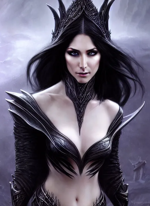 Image similar to d & d concept art of gorgeous elven woman with raven black hair in the style of stefan kostic, realistic, half body shot, sharp focus, 8 k high definition, insanely detailed, intricate, elegant, art by stanley lau and artgerm, luis royo, foggy black background, fantasy