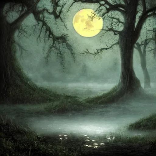 Prompt: an ultra detailed painting of a fantasy forest at night, at the side of a pond is gigantic ancient tree with a water sprite in a white dress sitting on the lowest bough of the ancient tree, the moon can be glimpsed through the trees and is veiled by fog, fog obscures the background, towering forest, midnight, dark fantasy