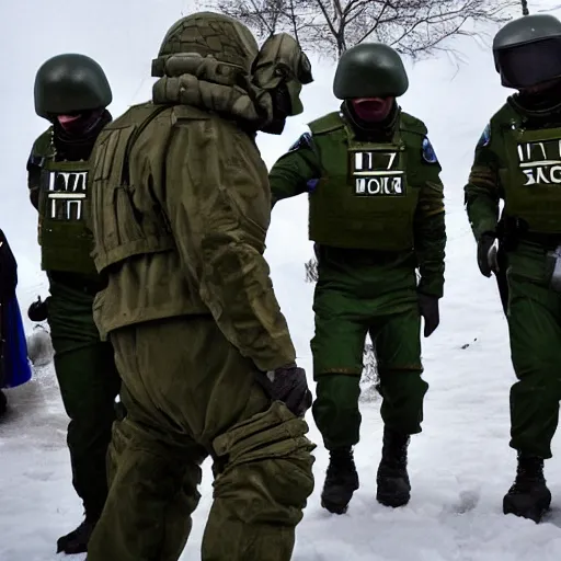 Image similar to a visitor from outer space, being arrested by spetsnaz forces