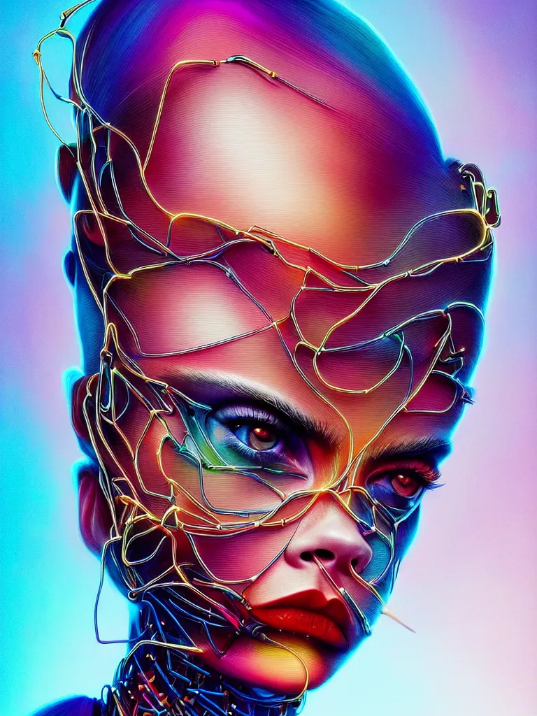 Prompt: Portrait of Cara Delevingne wearing epic bionic cyborg implants of diferent colors, cables connected to head, by Dan Mumford and Naoto Hattori, extremely beautiful and proportionate face, in the aesthetic of mert and marcus, masterpiece, intricate, elegant futuristic wardrobe, highly detailed, digital painting, artstation, concept art, crepuscular rays, smooth, sharp focus, illustration, background is made of stars and vibrant space nebula, cyberpunk vibrant colors, volumetric lighting, art by artgerm and james jean and Nick Sullo