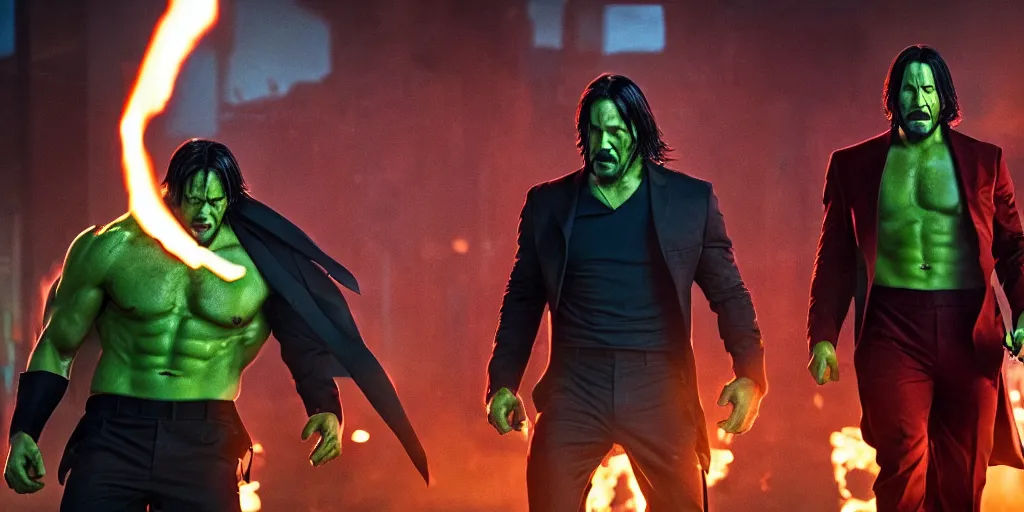 Prompt: A cinematic photo of John Wick vs Hulk, marvel cinematic universe