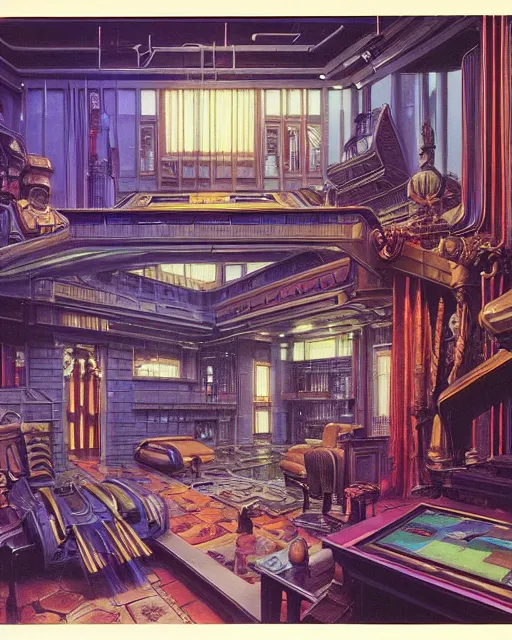 Prompt: cyberpunk mansion by ralph mcquarrie and frank lloyd frank lloyd and bruce pennington and ted nasmith