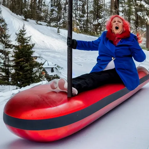 Image similar to professional photo, an elderly woman sliding down an incredibly long ice luge on her back at incredibly high speeds