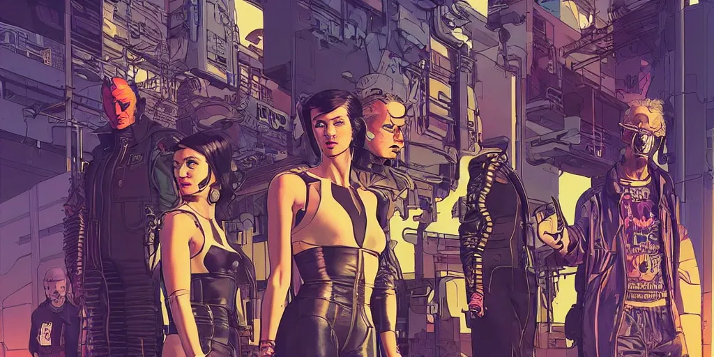 Image similar to cyberpunk heist crew. portrait by stonehouse and mœbius and will eisner and gil elvgren and pixar. character design. realistic proportions. dystopian. cyberpunk 2 0 7 7 character art, blade runner 2 0 4 9 concept art. cel shading. attractive face. thick lines. hi def 4 k. the team. detailed interesting characters. realistic expressive faces.