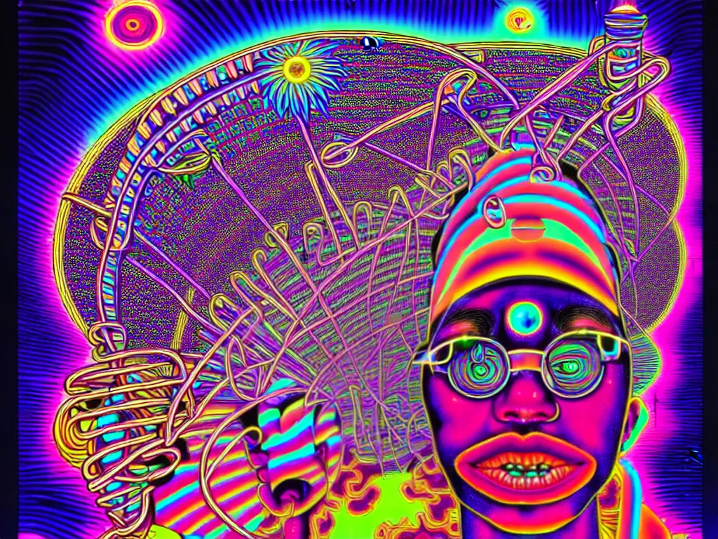 Prompt: a house party, epic angle, happy, psychedelic, hip hop, surreal, neon, vaporwave, detailed, illustrated by Alex Grey, 4k