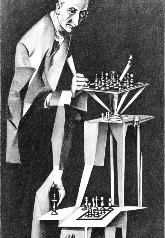 Image similar to a concept drawing of marcel duchamp holding up a chess - piece wire - machine, a surrealist painting by marcel duchamp, complex artificial - intelligence machinery, 1 9 2 0 s