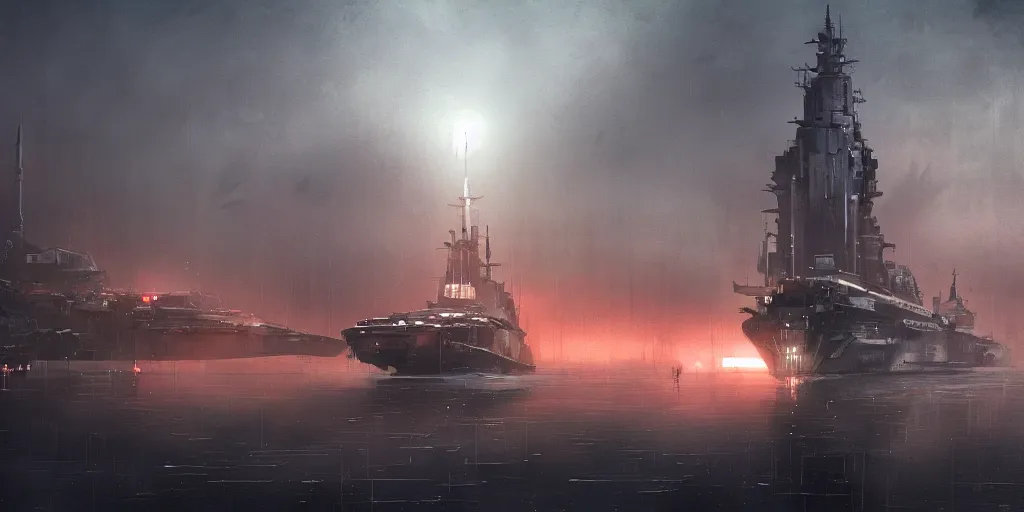Image similar to render of huge futuristic warship boat, by Ian McQue, Rutkowski, lee madgwick and hubert robert, concrete building by le corbusier on the background, puddles of water, trees and bushes, blade runner style, neon glow, vivid color, moody lighting, unreal engine, bright sunrise, epic skies, foggy