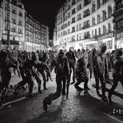 Prompt: zombies crowding the streets of kreuzberg, at night