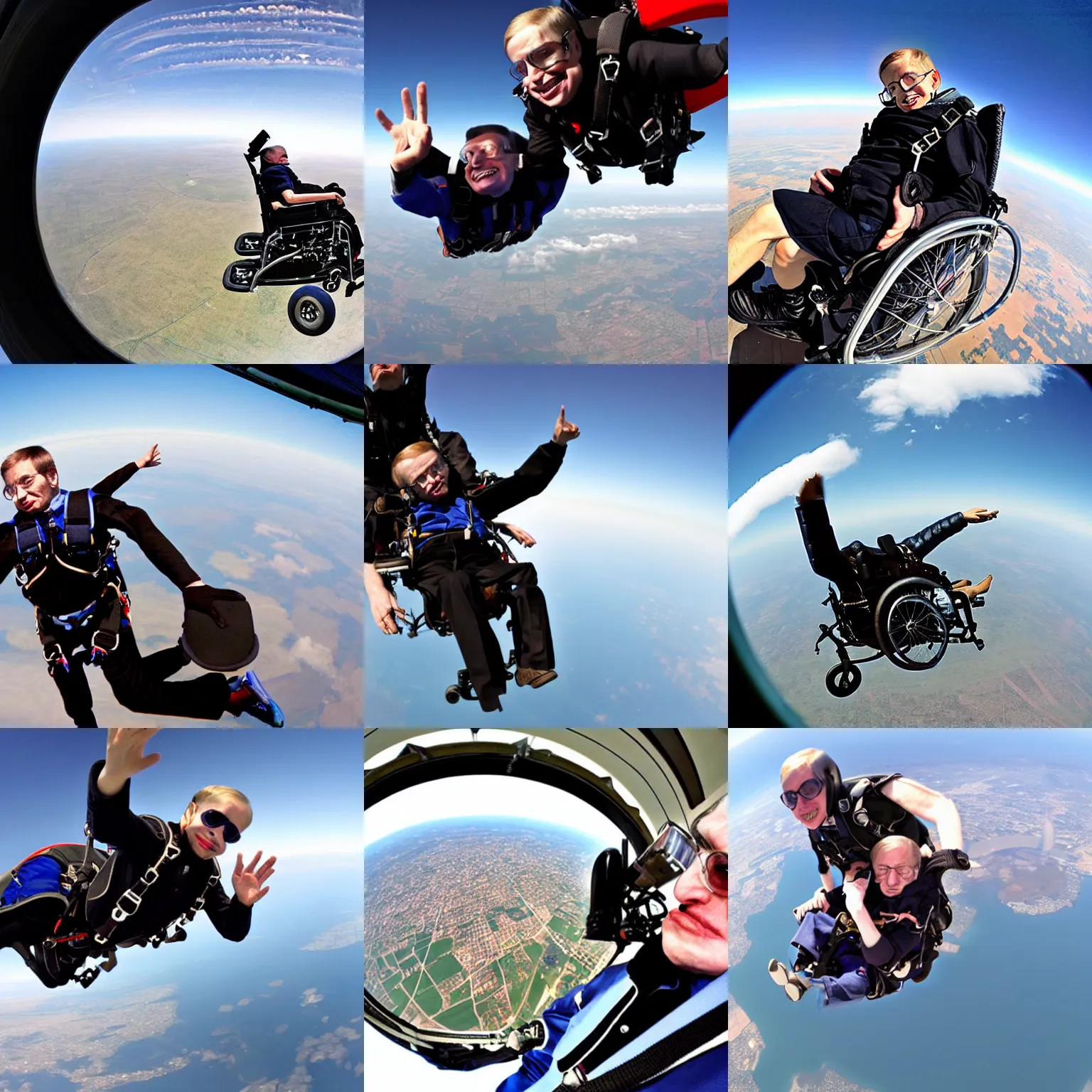 Prompt: Fish-eye lens of Stephen Hawking skydiving in his wheelchair