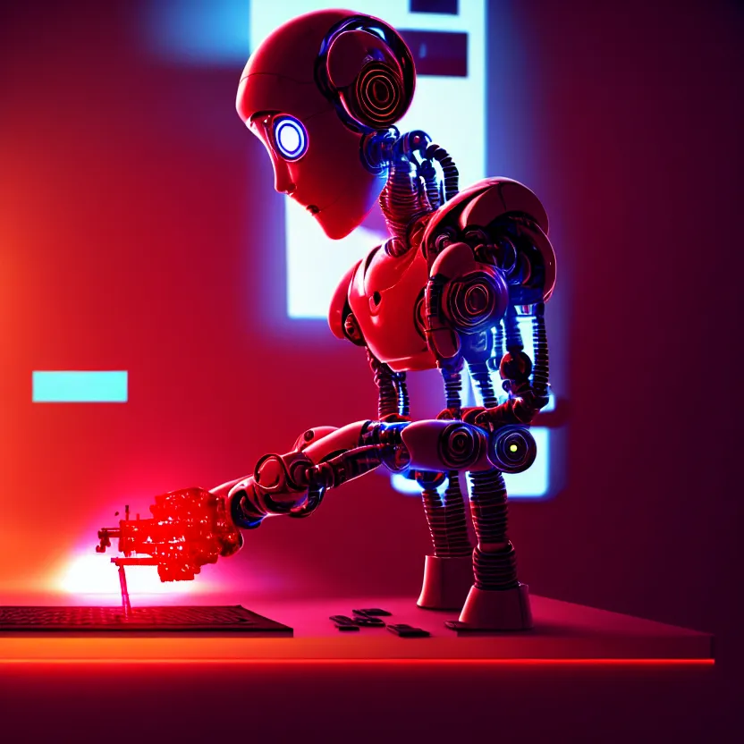 Prompt: a film still of a robot playing video games, cool, red, photo, realistic, hd, intricate details, cyberpunk, dark, horror, award - winning cinematic lighting, beautiful, 1 6 k