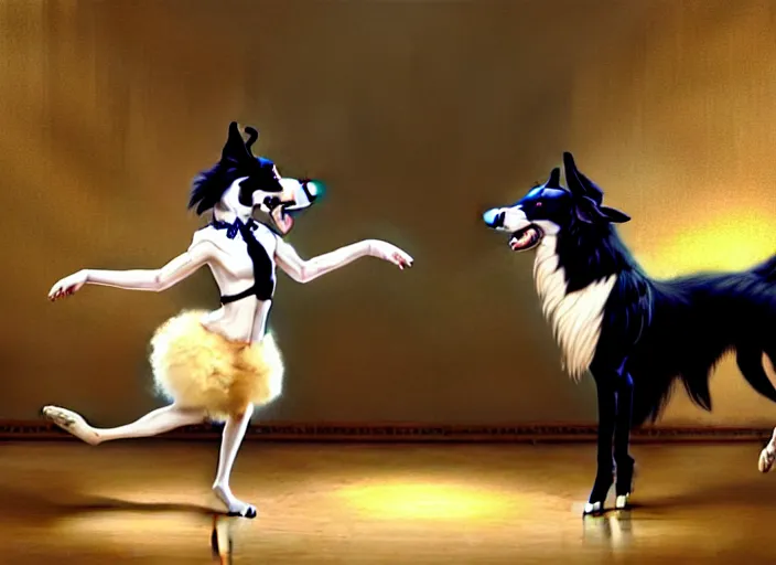 Image similar to wide shot painting of a male anthropomorphic border collie fursona dancing with a cute female anthropomorphic sheep fursona in a ballroom, beautiful, intricate, elegant, realistic proportions, highly detailed, scenic background, trending on artstation, art by charlie bowater and henry asencio and and ross tran