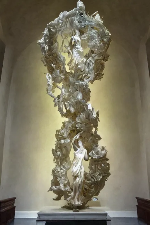 Prompt: marble sculpture depicting a woman programming the samsara holy cluster, dramatic light, concept art, stunning, visionary, mystical, hyper realistic, beautiful, wow, gilt metal, rich marbles, by gian lorenzo bernini, by brecht evens, by jean delville, in the style of francis bacon