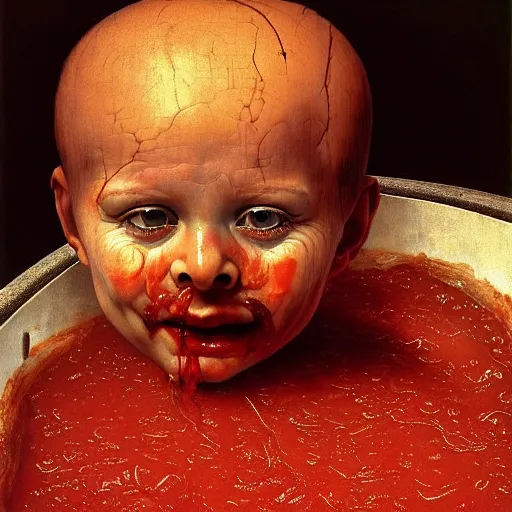 Prompt: a boy sitting in a bathtub full of tomato sauce, looking straight into camera, screaming in pain, by giuseppe arcimboldo and ambrosius benson, renaissance, fruit, intricate and intense oil paint, a touch of beksinski and hr giger, realistic