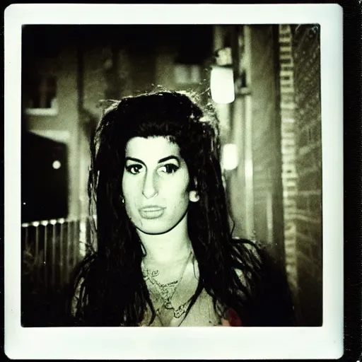 Image similar to a polaroid of amy winehouse in the east village at night, raining!