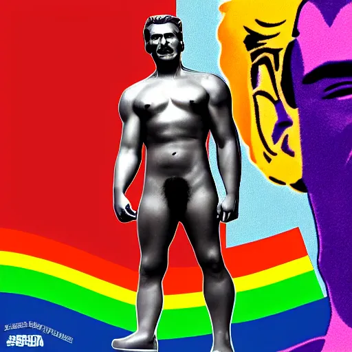 Image similar to lgbt art, tom of finland style, stalin, love with lenin, in billy herrington body, in gym, art in 4 k, high quality