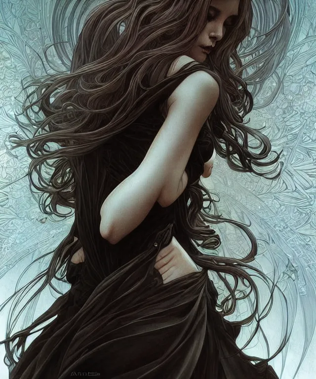 Image similar to beatiful woman turning into a dark angel, dark surrealism , scifi, intricate, elegant, highly detailed, artstation, concept art, smooth, sharp focus, illustration, art by artgerm and moebius and alphonse mucha