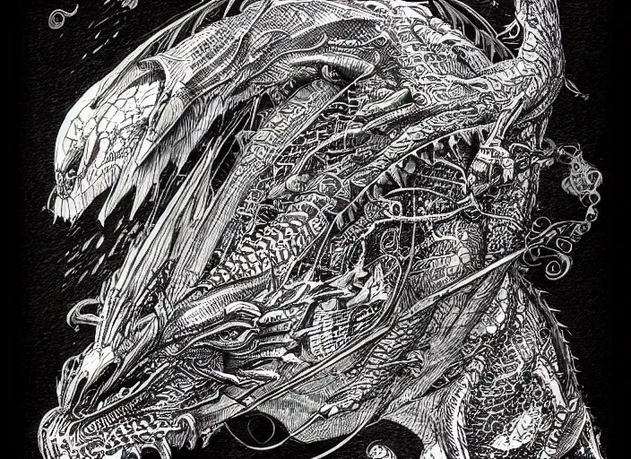 Prompt: black micron pen illustration, dragon flying with steam punk apparatus on it's back, clean lines, really clear, crisp detail, fine pen, artstation, Ian Miller